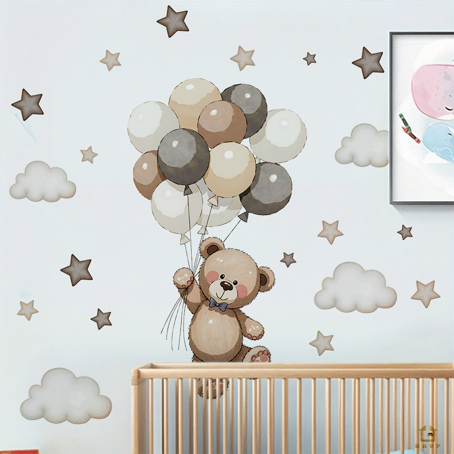 漫画風テディベア風船ウォールステッカーDIYビニール星雲デカ - Baby Nursery Vinyl Wall Stickers のレビューと価格