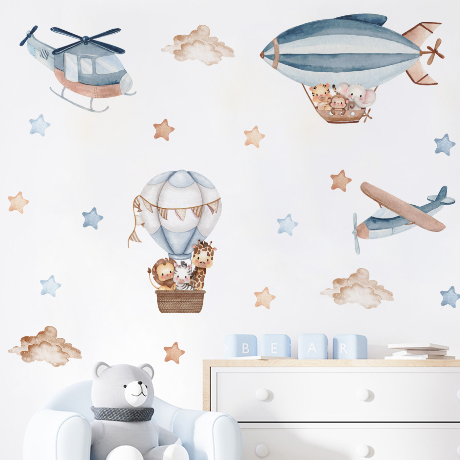 水彩動物熱気球雲ウォールステッカーキッズルームベビー保育園ル - Baby Nursery Decals のレビューと価格