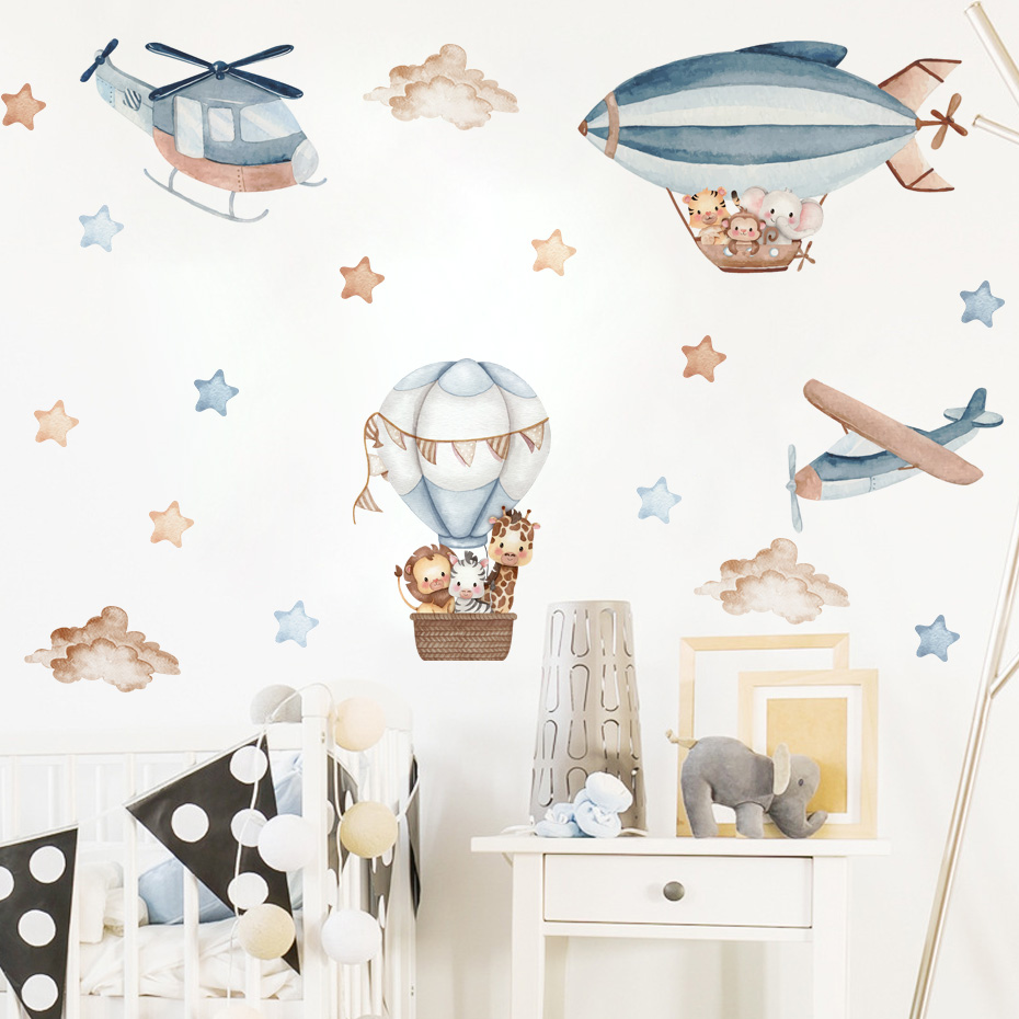 水彩動物熱気球雲ウォールステッカーキッズルームベビー保育園ル - Baby Nursery Decals のレビューと価格