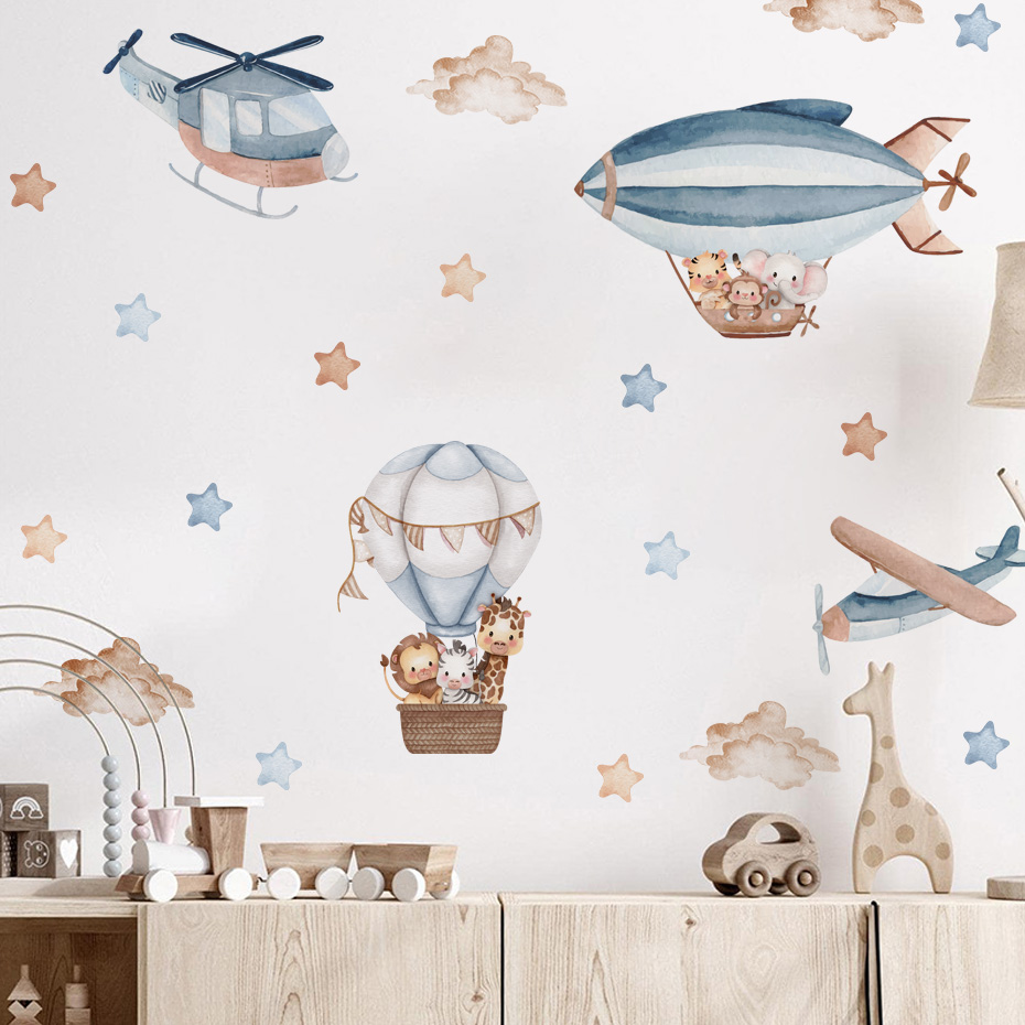 水彩動物熱気球雲ウォールステッカーキッズルームベビー保育園ル - Baby Nursery Decals のレビューと価格