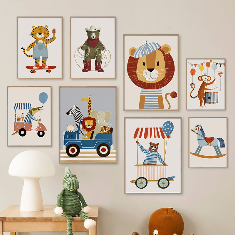 面白い漫画の動物車風船保育園ウォールアートキャンバス絵画ライ - Baby Nursery Ornaments のレビューと価格