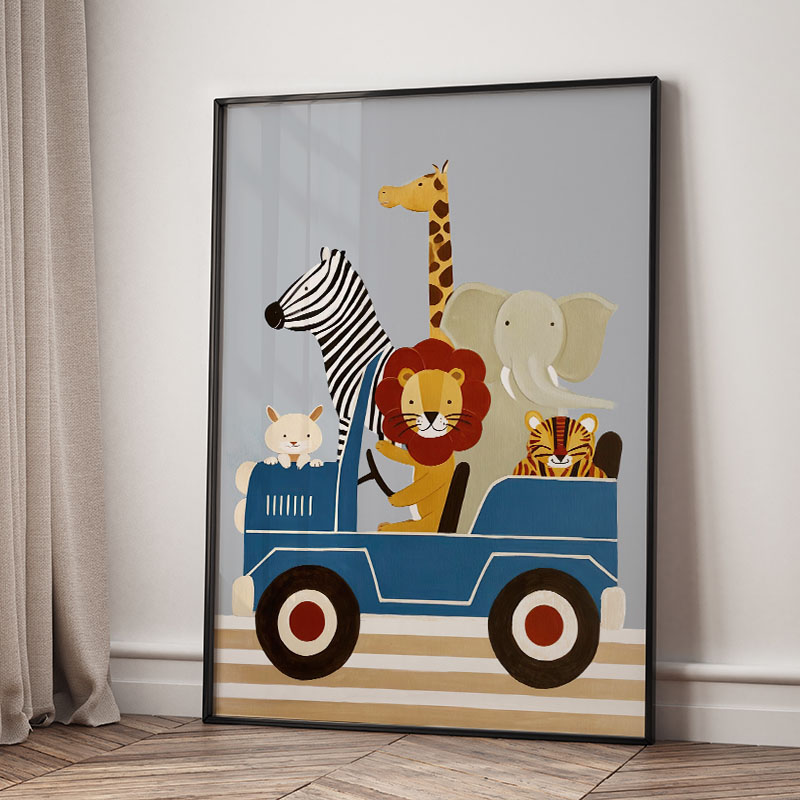 面白い漫画の動物車風船保育園ウォールアートキャンバス絵画ライ - Baby Nursery Ornaments のレビューと価格