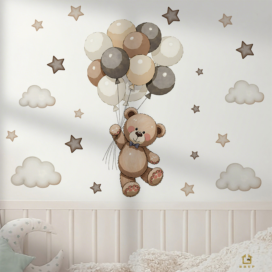 愛らしいテディベアの壁用ステッカー、風船、星、雲付きの取り外 - Baby Nursery Decals のレビューと価格