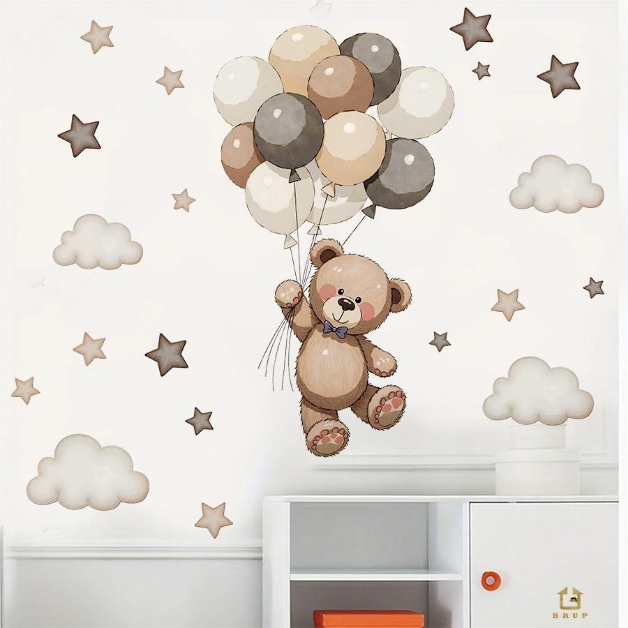 愛らしいテディベアの壁用ステッカー、風船、星、雲付きの取り外 - Baby Nursery Decals のレビューと価格
