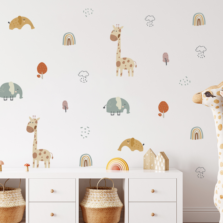 漫画キリン象動物ウォールステッカーレインボーツリーウォールス - Baby Nursery Vinyl Wall Stickers のレビューと価格