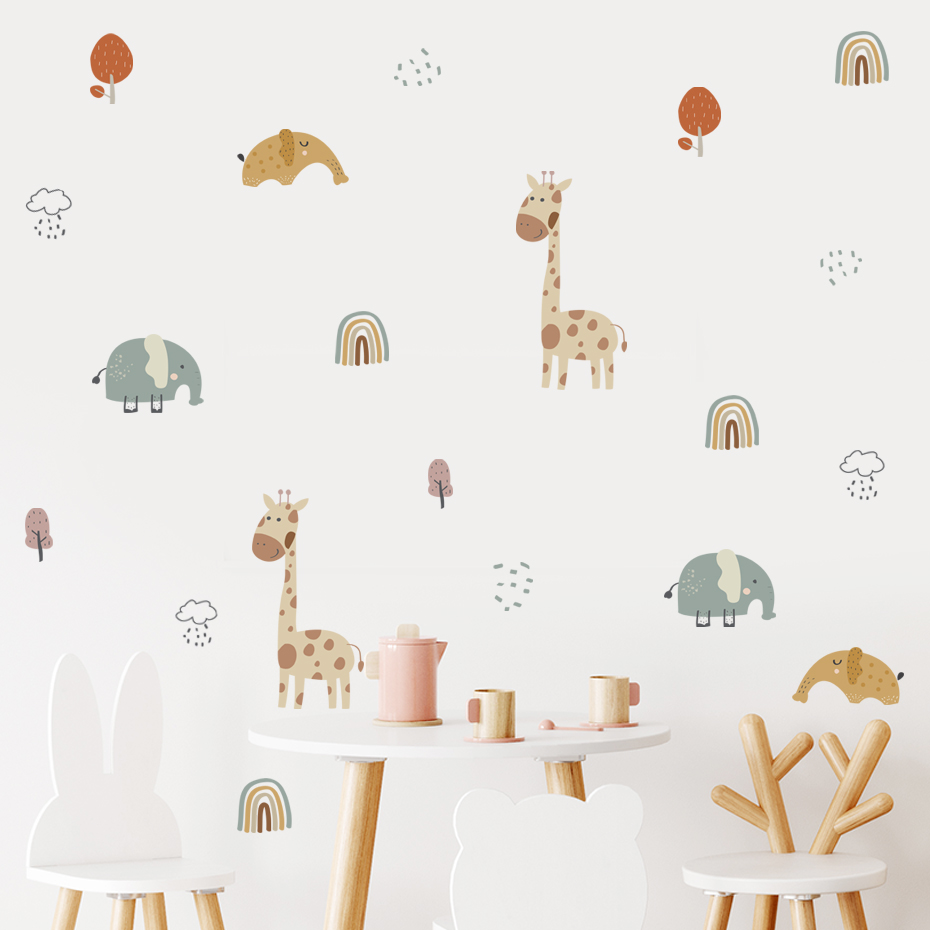 漫画キリン象動物ウォールステッカーレインボーツリーウォールス - Baby Nursery Vinyl Wall Stickers のレビューと価格