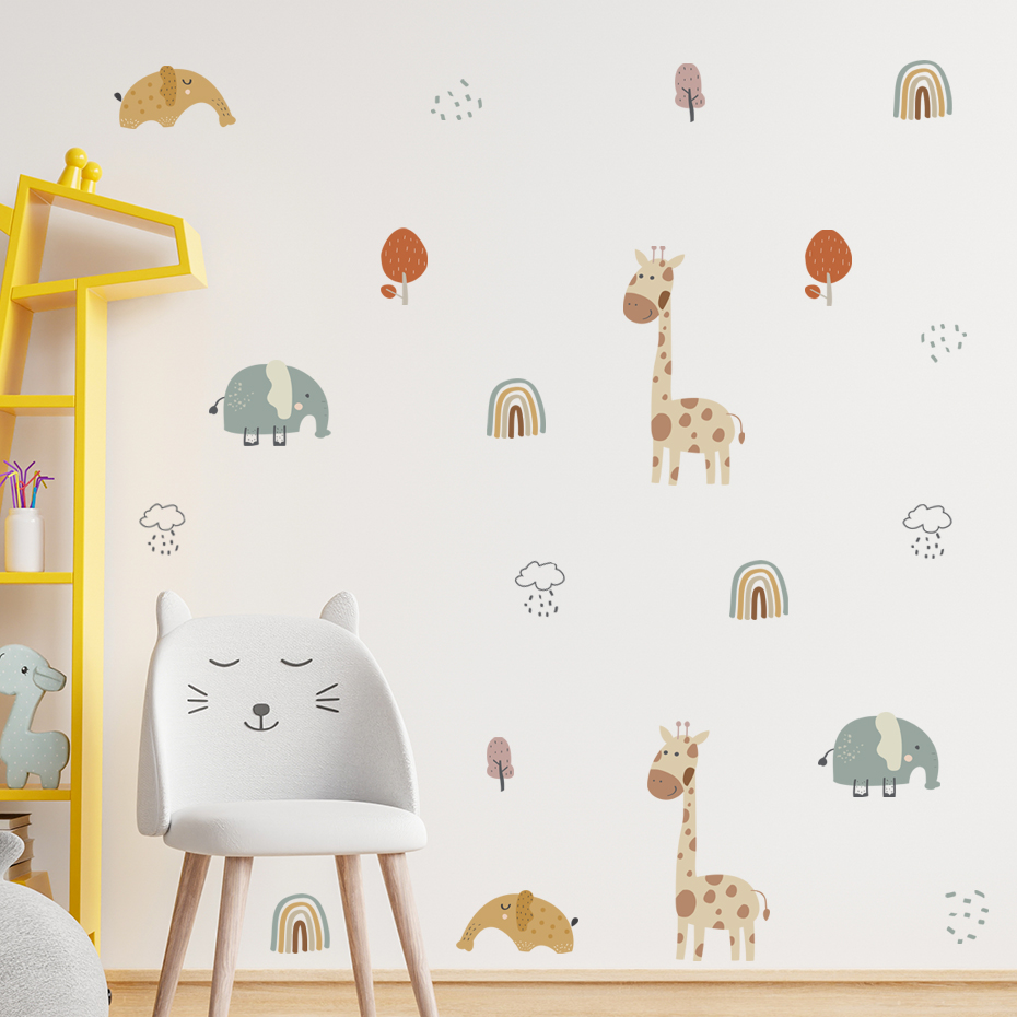 漫画キリン象動物ウォールステッカーレインボーツリーウォールス - Baby Nursery Vinyl Wall Stickers のレビューと価格
