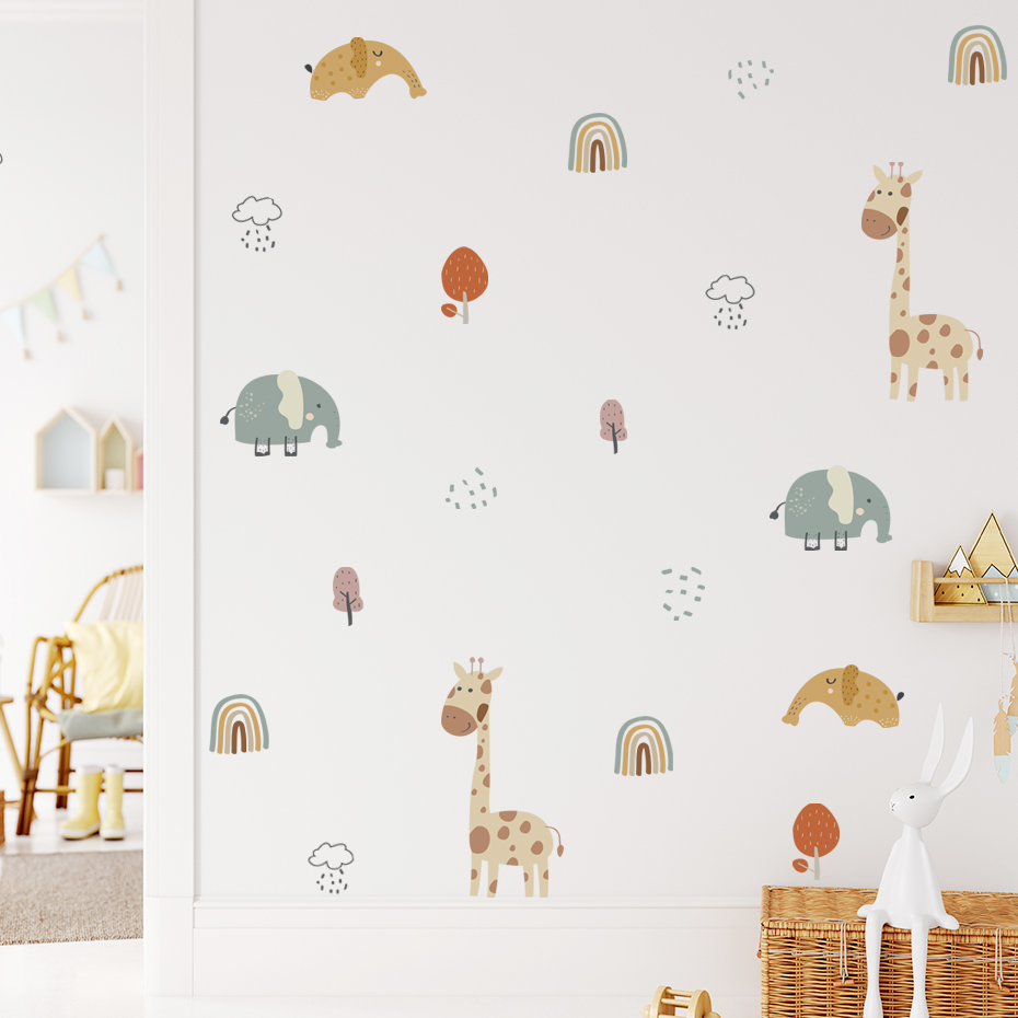 漫画キリン象動物ウォールステッカーレインボーツリーウォールス - Baby Nursery Vinyl Wall Stickers のレビューと価格