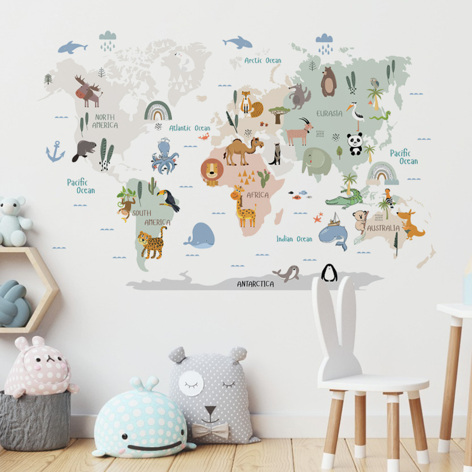 水彩画世界地図壁ステッカー、動物、野生、子供、ビニール、保育 - Baby Nursery Vinyl Wall Stickers のレビューと価格