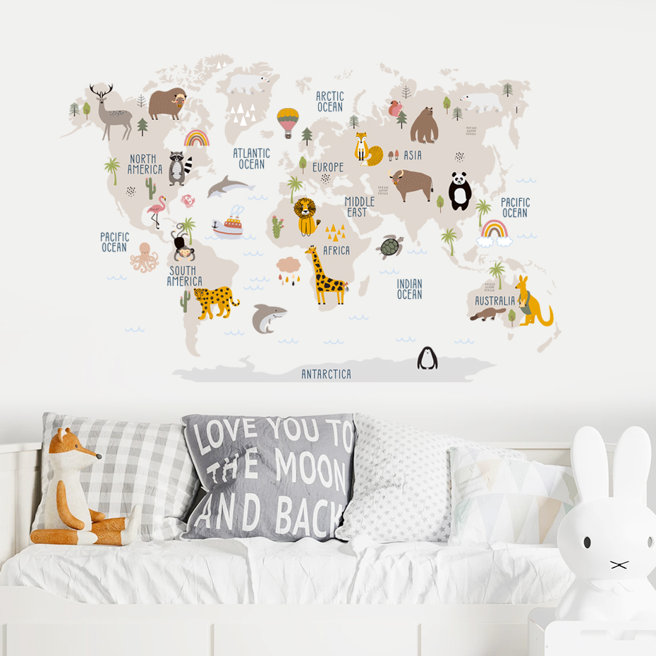 水彩画世界地図壁ステッカー、動物、野生、子供、ビニール、保育 - Baby Nursery Vinyl Wall Stickers のレビューと価格
