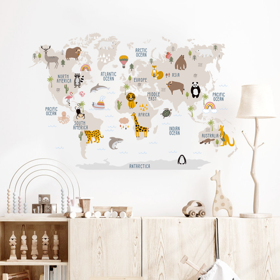 水彩画世界地図壁ステッカー、動物、野生、子供、ビニール、保育 - Baby Nursery Vinyl Wall Stickers のレビューと価格